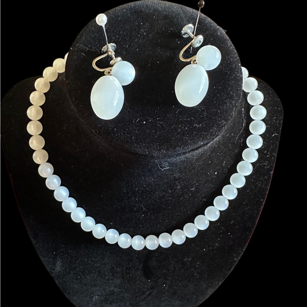 Clip earring and necklace. Opalite style stones